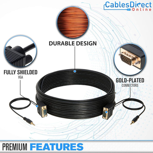 Cables Direct Online 6FT SVGA + Audio Monitor Cable - Male to Male VGA to VGA 1080P for PC, Projector, Laptop, TV