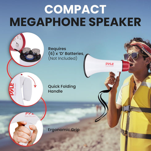 Pyle Megaphone Speaker PA Bullhorn with Built-in Siren - Adjustable Volume Control & 1200 Yard Range for Coaches & Fans