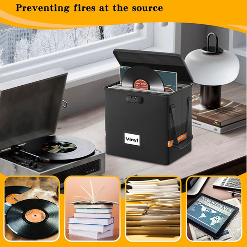 Fireproof Vinyl Record Storage Box - Black Water Resistant Organizer Holds 55 Single Albums, Collapsible Carrying Case