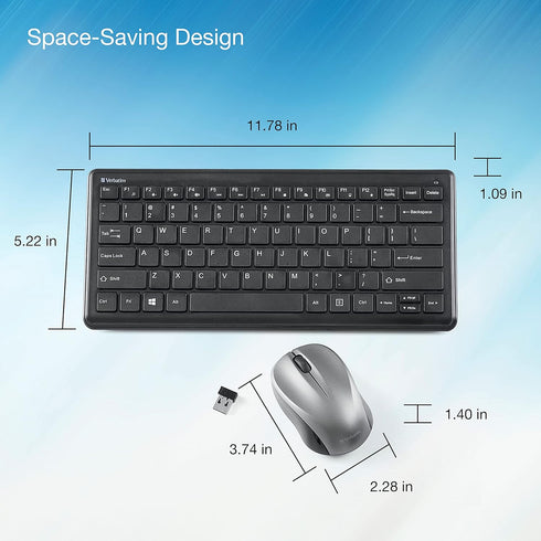 Verbatim Wireless Keyboard and Mouse Combo, Compact Silent 2.4GHz with USB Nano Receiver for Laptop, PC - Black