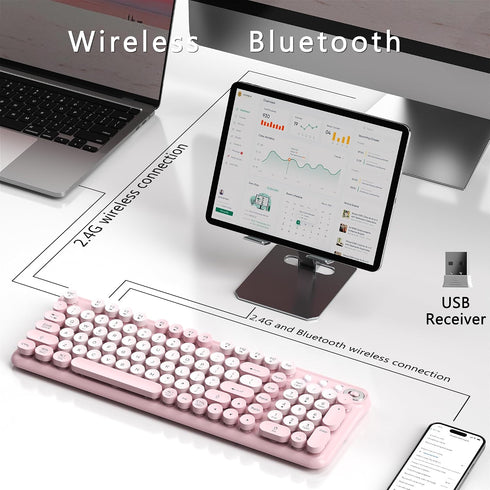 Links9+ 2.4GHz Wireless Bluetooth Keyboard, Retro Round Typewriter Keyboard, Dual Mode Bluetooth & Receiver, Compatible
