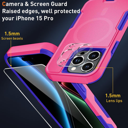 iPhone 15 Pro Case Cover (Rose) with MagSafe, MIL-Grade Drop Tested, Tempered Glass Screen Protector & Camera Lens.