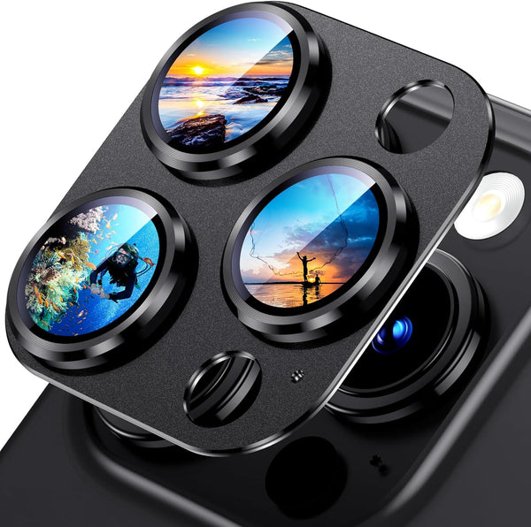 Uyiton Metal Tempered Glass Camera Lens Protector for iPhone 15 Pro/Pro Max - Black Titanium, Case-Friendly, Strong