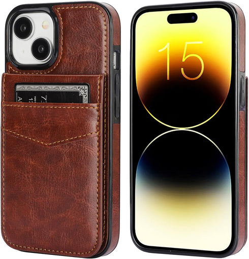 KIHUWEY iPhone 15 Case Wallet with Credit Card Holder, Premium Leather Magnetic Clasp Kickstand (Brown)