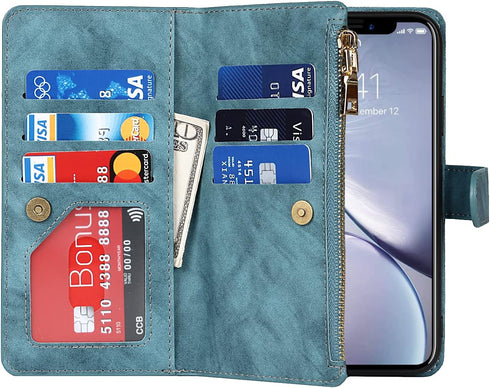 Jaorty Wallet Case for iPhone XR, Magnetic Leather Cover with 9 Card Slots, Wrist Strap, Stand Feature, Blue
