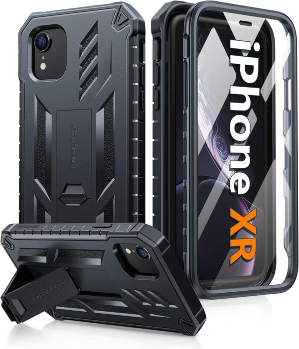 FNTCASE iPhone XR Case: Rugged Black Military Grade Shockproof Cover with Kickstand - Matte Textured Heavy Duty