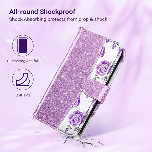 ULAK iPhone 13 Wallet Case for Women, Premium PU Leather Flip Cover with Card Holder, Kickstand - Purple Glitter