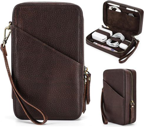 Electronic Organizer Case Tech Kit, Handmade Leather, Portable Travel Storage for Phone, USB Cables, Chargers