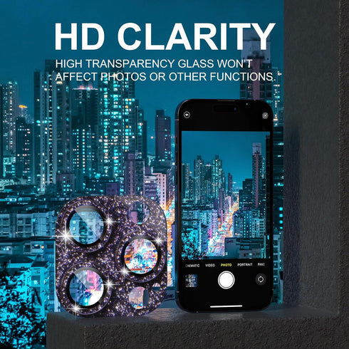 Bling Camera Lens Protector for iPhone 14 Pro/Pro Max - 9H Tempered Glass with Metal Ring, Glitter-Purple.