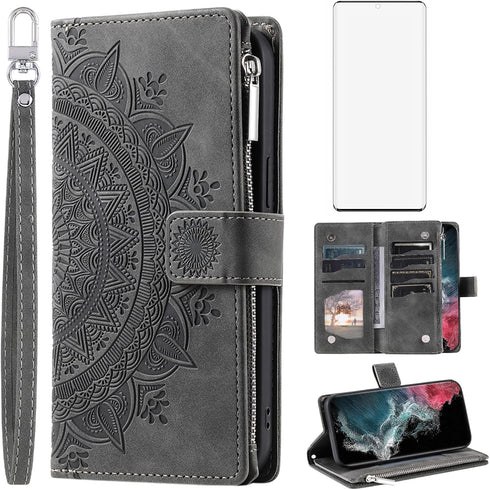Asuwish Wallet Case for Samsung Galaxy S22 Ultra 5G - Grey Mandala Flower, Zipper Card Holder & Screen Protector.