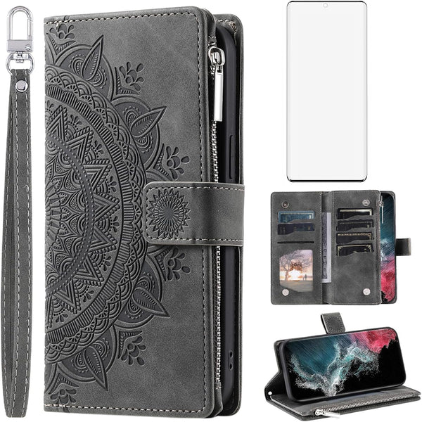 Asuwish Wallet Case for Samsung Galaxy S22 Ultra 5G - Grey Mandala Flower, Zipper Card Holder & Screen Protector.