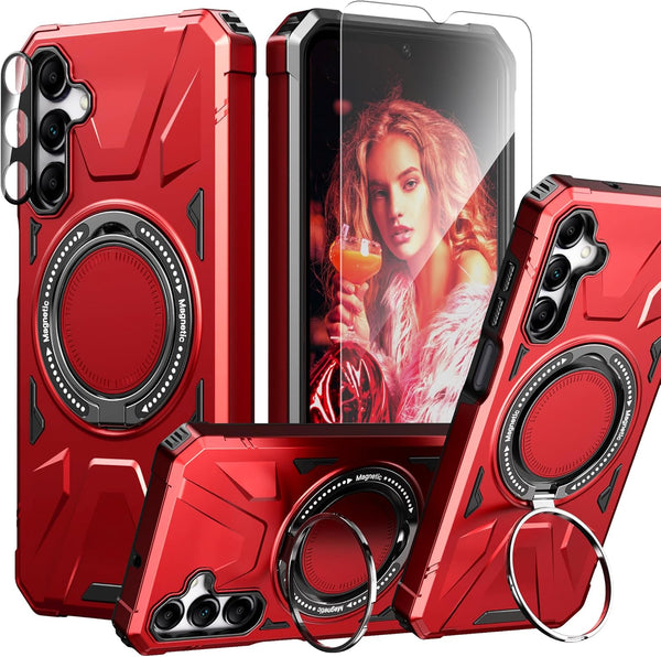 Red Galaxy A15 5G Phone Case: Dual Layer Heavy Duty Protection, Screen Protector, 360° Ring Holder, Camera Lens