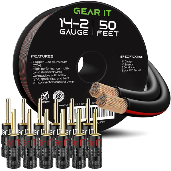 GearIT 14 Gauge Speaker Wire (50 Feet) with Banana Plugs (6 Pairs, 12 Pieces) Pro Series
