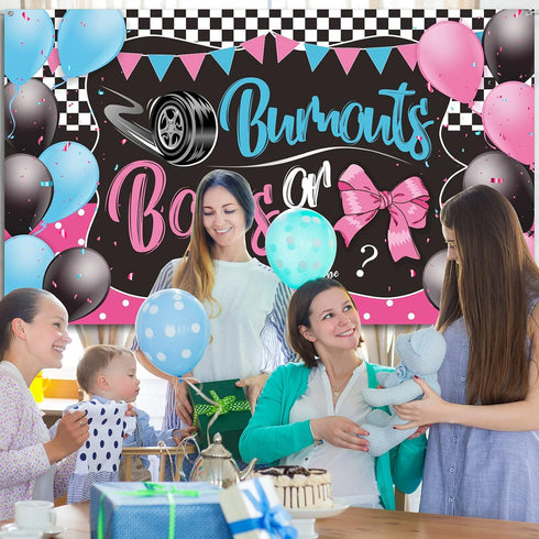 Burnouts or Bows Gender Reveal Decoration, Backdrop Party Supplies, Blue or Pink Baby Shower Banner, 72.8 x 43.3 Inch