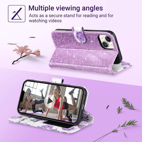 ULAK iPhone 13 Wallet Case for Women, Premium PU Leather Flip Cover with Card Holder, Kickstand - Purple Glitter