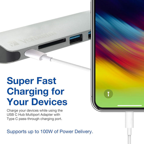 Verbatim 6-in-1 USB C Hub - Compact & Portable USB Hub for Laptop with 2 USB 3.0, USB C, SD Card Reader, 4K HDMI,