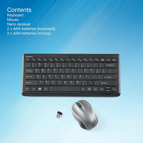 Verbatim Wireless Keyboard and Mouse Combo, Compact Silent 2.4GHz with USB Nano Receiver for Laptop, PC - Black