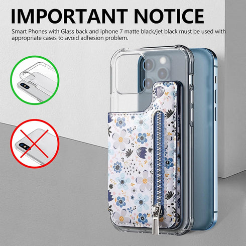Stick on Wallet for Phone Case, Credit Adhesive Card Holder for Back of Phone Cases, Flip Leather Zipper Flower Wallet
