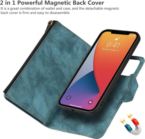 iCoverCase iPhone 13 Wallet Case with Card Holder, 2 in 1 PU Leather Magnetic Clasp, Zipper Pocket, Blue