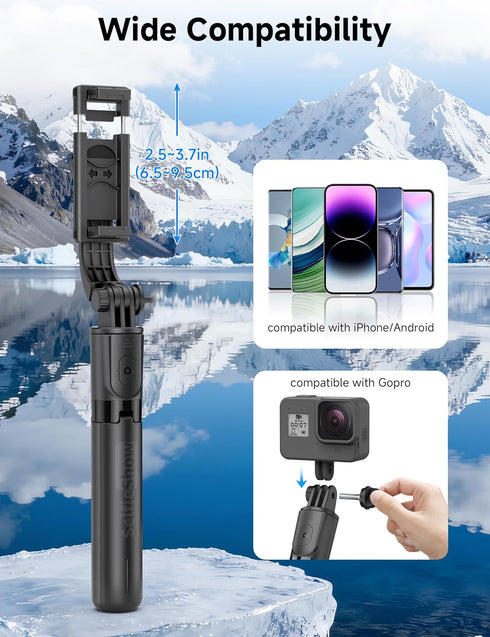 SelfieShow Mini Selfie Stick Travel Tripod for Cell Phone with Light, Extendable Selfie Stick for iPhone