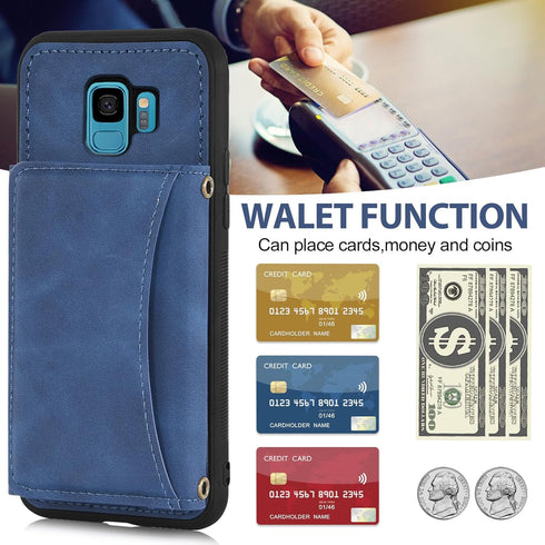 Asuwish Samsung Galaxy S9 Wallet Case with Tempered Glass, PU Leather, Credit Card Holder, Rugged Stand, Blue.