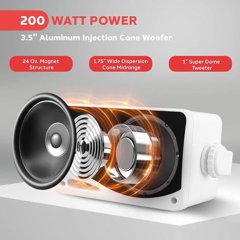 Pyle 3-Way Weatherproof Outdoor Speaker Set, 3.5 Inch 200W Pair of Marine Grade Mount Speakers - PLMR24 (White)