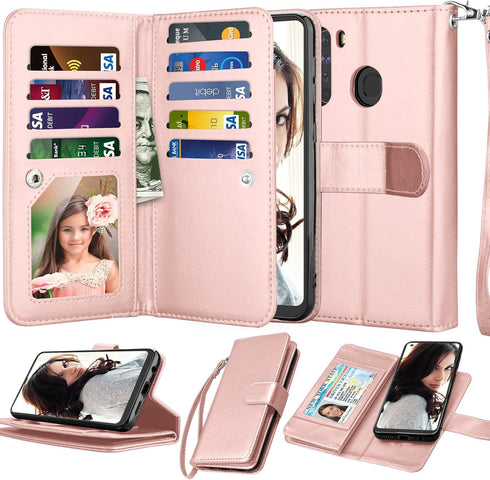 Njjex Wallet Case for Samsung Galaxy A21, 2020, Rose Gold, PU Leather with 9 Card Slots, Detachable Kickstand & Lanyard
