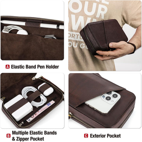 Electronic Organizer Case Tech Kit, Handmade Leather, Portable Travel Storage for Phone, USB Cables, Chargers