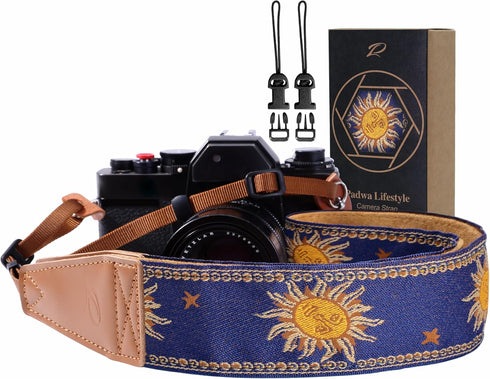 Padwa Lifestyle Sun God Camera Strap, 2" Full Grain Leather Ends, Vintage Sun Face Camera Straps for Photographers