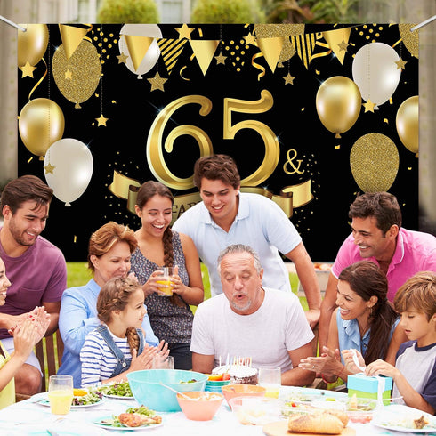 65th Birthday Black Gold Party Decoration, Large Fabric Sign Poster for 65th Anniversary Backdrop Banner, 72.8 x 43.3