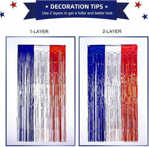 LOLStar 4th of July Decorations, 3 Pack Red White Blue Tinsel Foil Fringe Curtains, Photo Booth Prop Streamer Backdrop