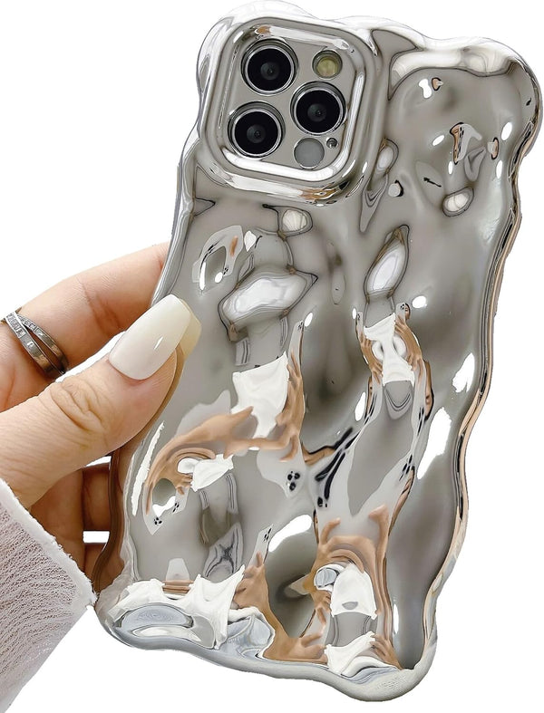 Case for iPhone 14 Pro Max, 3D Wave Bubble Shape Ripple Chrome Pattern Soft Bumper Glitter Shiny Cover (Silver)