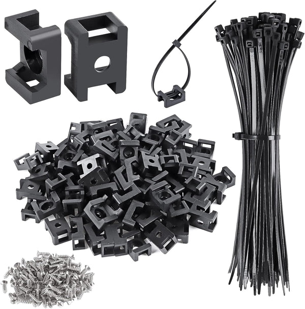XHF 100 Pcs Cable Zip Tie Saddle Type Mounts Base, 100 Pcs 8" Cable Ties, 100 Pcs Tapping Screw, Black