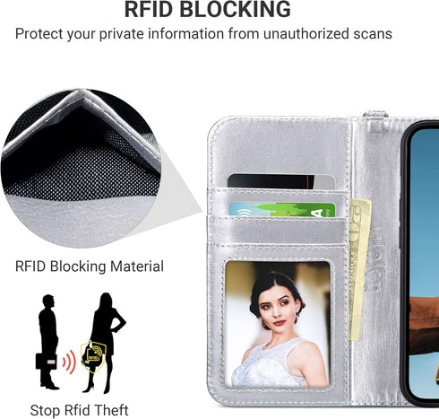 ULAK Wallet Case for iPhone 14 Plus, Card Holder, Flip Case for Women, PU Leather Kickstand, Shockproof, Silver