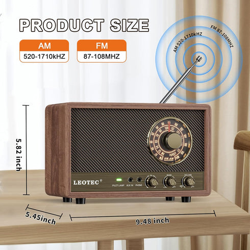 LEOTEC AM FM Radio, Retro Wood Table Radio, Portable Bluetooth Speaker with AUX and Headphone Jack, Brown