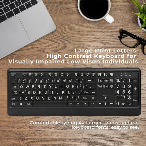 Large Print Backlit Keyboard, Quiet USB Wired Computer Keyboard, Full Size with White Illuminated LED for Windows
