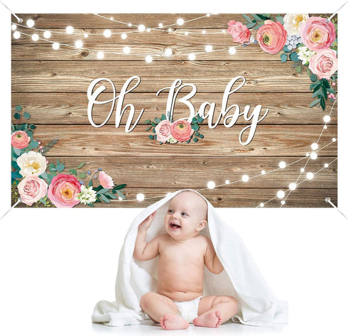 Rustic Wood Baby Shower Backdrop Banner Oh Baby Floral Decorations for Girls and Boys Birthday Party Supplies