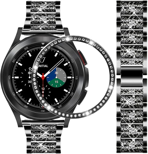Bands for Samsung Galaxy Watch 4 Classic (46mm), 20mm Luxury Rhinestone Metal Bracelet with Bezel Ring