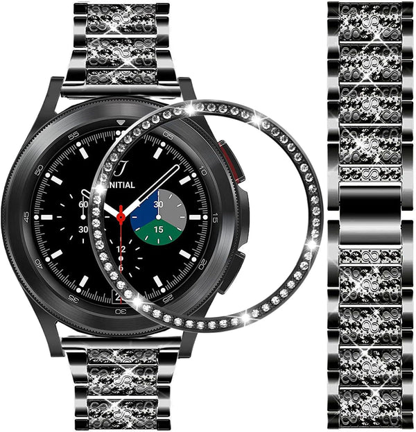 Bands for Samsung Galaxy Watch 4 Classic (46mm), 20mm Luxury Rhinestone Metal Bracelet with Bezel Ring