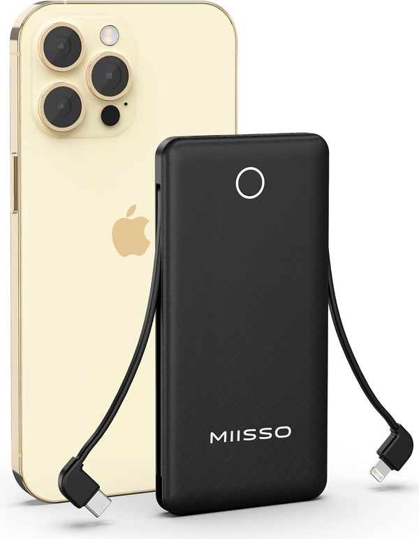 miisso 10000mAh Slim Portable Charger, Built-in Cable, External Battery Pack for Phone, 4 Output USB Type C Cord