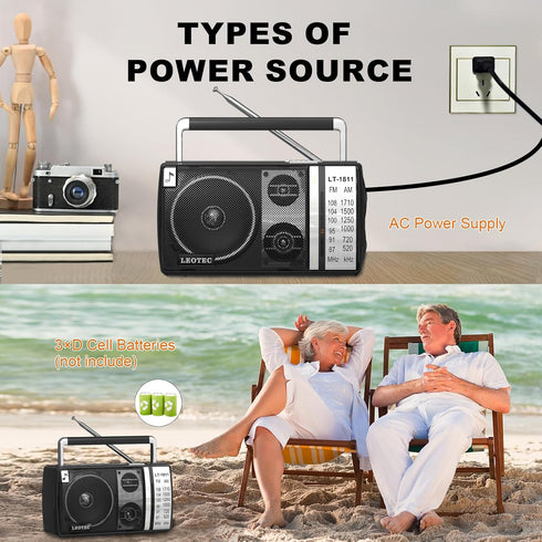 LEOTEC AM FM Portable Bluetooth Radio, Best Reception, Plug in Wall or Battery Operated, Great for Home