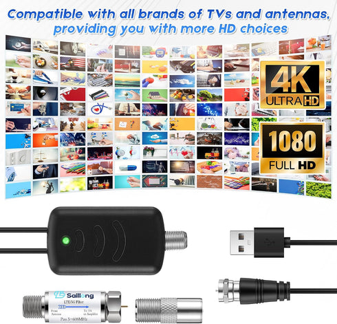 Saillong TV Antenna Amplifier with LTE Filter Kit, Antenna Signal Booster for TV Indoor, Low Noise/Clears Up Pixelated