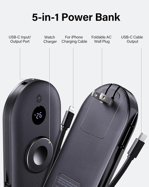 Portable Charger for iPhone 16, 302A, 10000mAh, Built-in AC Wall Plug, Watch Charger for Smart Devices
