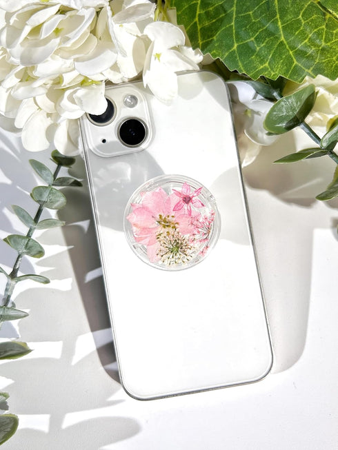 Pressed Pink Flowers Phone Grip, Handmade Dried Flowers Clear Stand, Expanding Cell Phone Charms Accessory