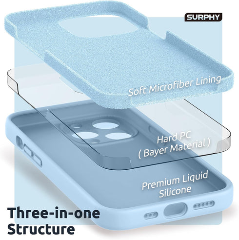 SURPHY iPhone 13 Pro Case, Light Blue, Liquid Silicone with Screen Protector, Camera Protection, Soft Microfiber Lining