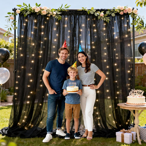 Ledido 1010ft 300LED Decoration(2 510ft)Black Black Tulle Backdrop Curtains with Lights String - Fairy Lights Sheer