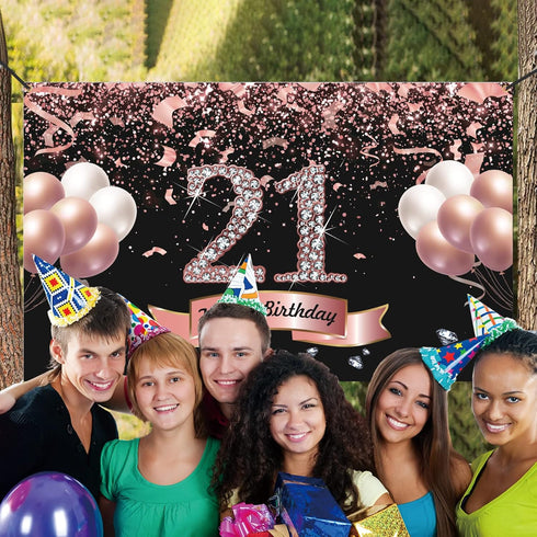 Trgowaul 21st Birthday Decorations - Rose Gold Backdrop 5.9 x 3.6 Ft for Women Happy 21st Banner
