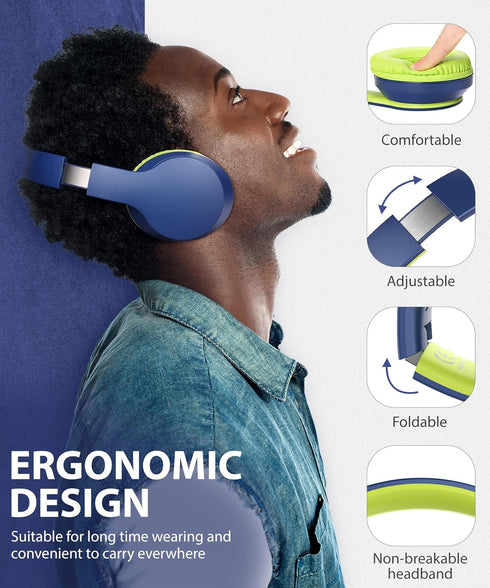 rockpapa E7 Over Ear Wireless Bluetooth Headphones with Mic Include Travel Case, Foldable Wired/Wireless Headphones with Microphone for Kids Childrens Boys Girls Teen Youth Adult Blue Green