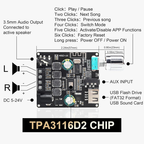C50HS Bluetooth Amplifier Board TPA3116D2 HiFi Chip 12-24V DC Input,Support USB Sound Card/USB Flash Driver, AUX, Bluetooth Multiple Input Modes (C50HS ONLY)