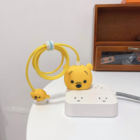 3D Cute Cartoon Charger Protector Case, Compatible for Apple 20W USB-C Power Adapter and Lightning Cable (Yellow Winnie)
